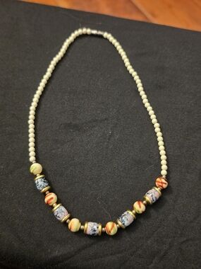 Handcrafted Beaded Women’s Necklace — Cream with Pink & Blue Accents